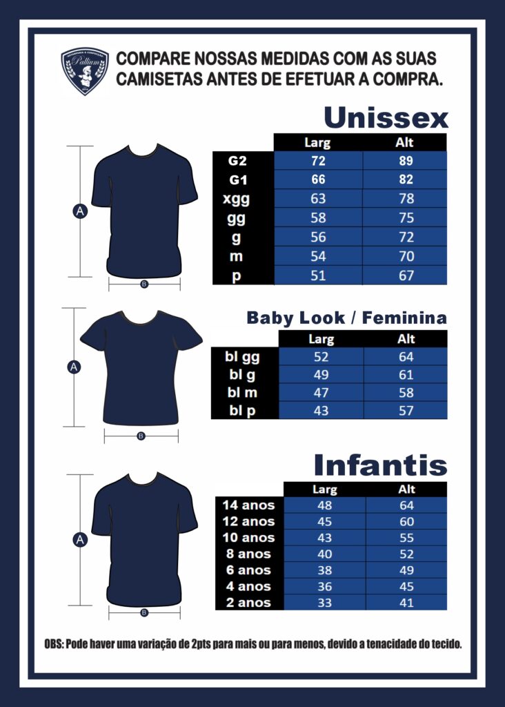 Tabela de medidas e modelagem de camisetas Unissex e Babylook da Pallium Estamparia.